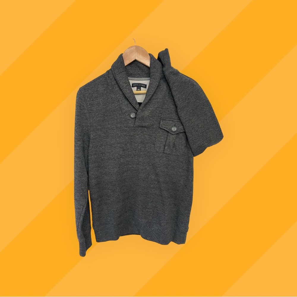 Charcoal gray shawl-collar sweater and chest pocket by Banana Republic Factory.